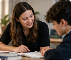 A Verity tutor smiling while working through a lesson with a student
