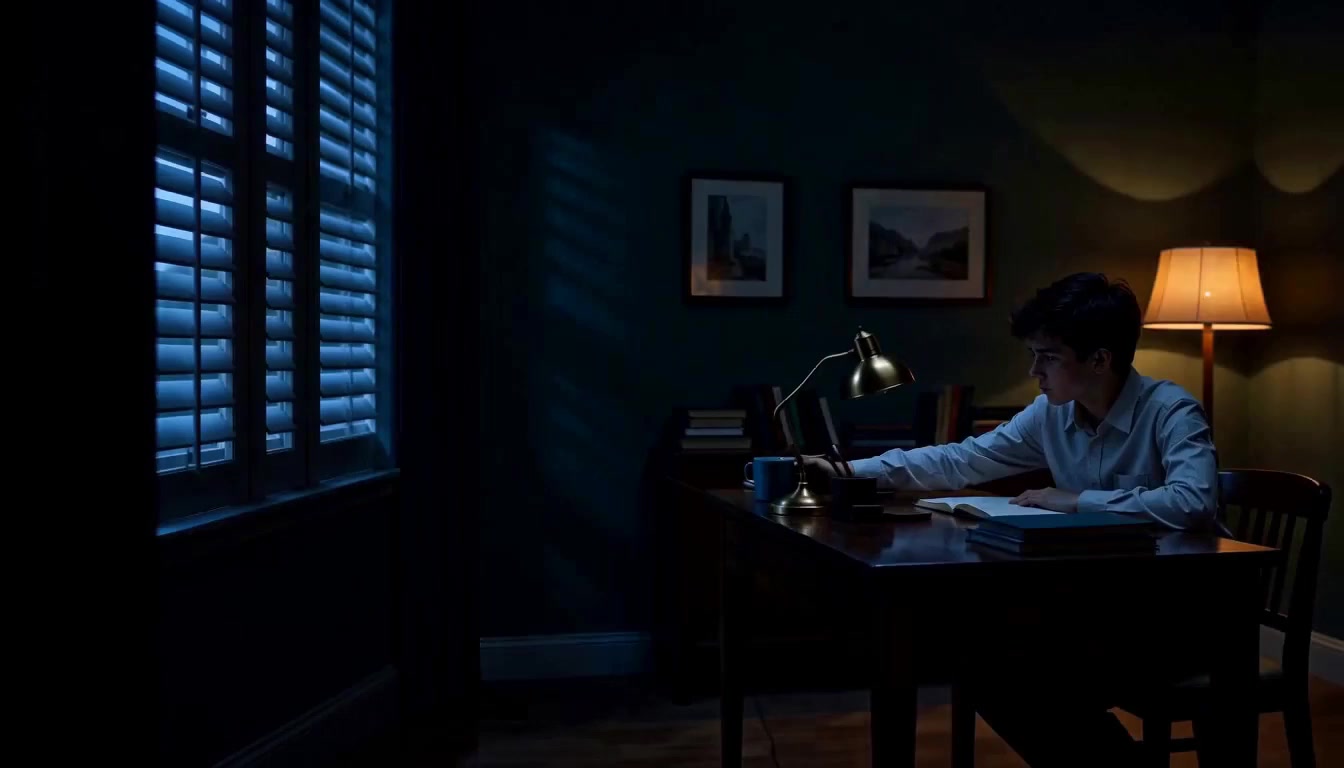 A shuttered window at dusk with a single warm lamp glowing behind the slats of a quiet study room