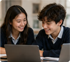 Two students learning together at a laptop